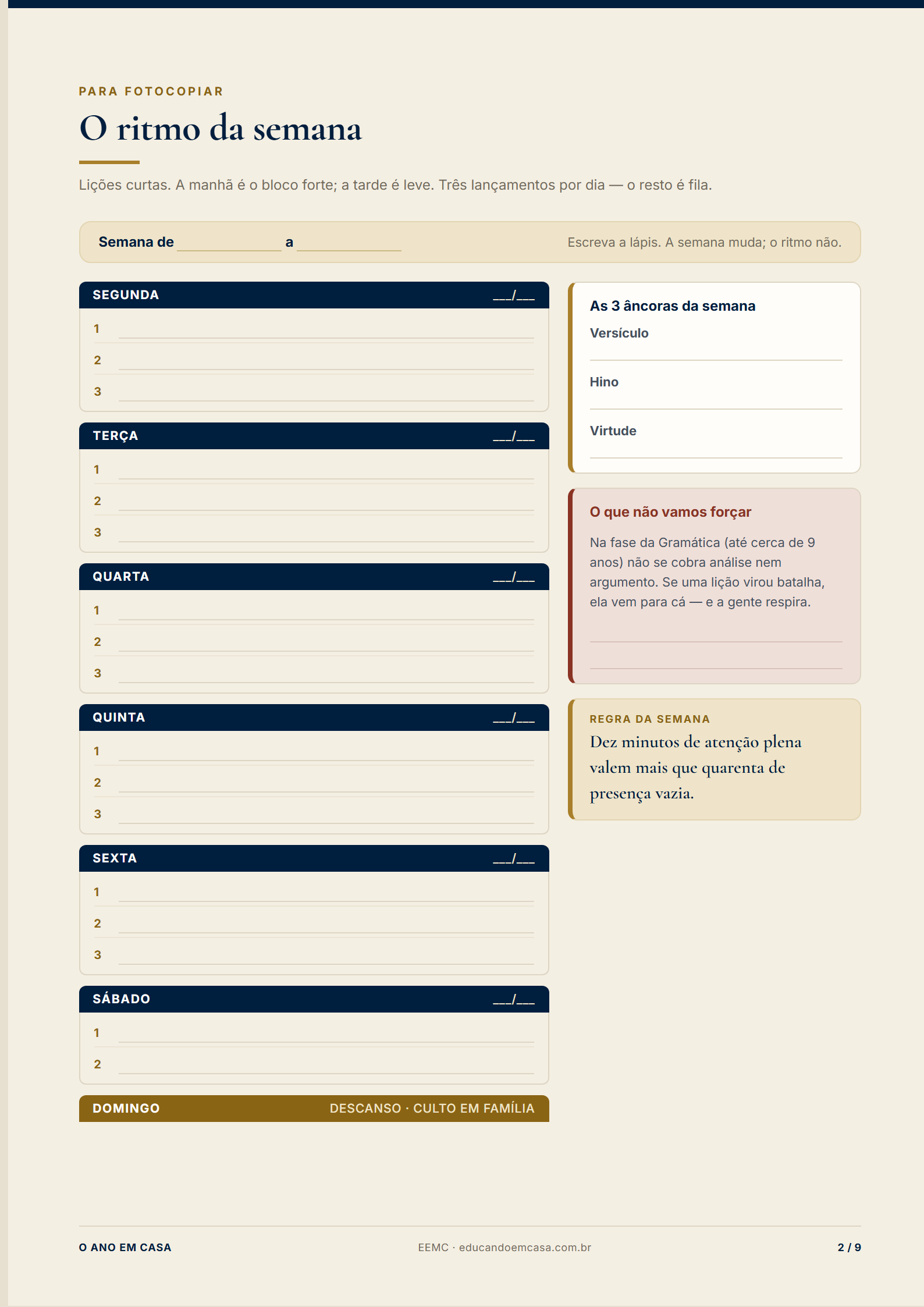 Página do planner semanal do caderno
