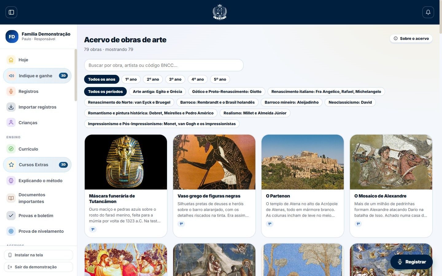 O acervo de obras de arte: 79 obras, com filtros por ano e por período, da arte antiga ao século XX.