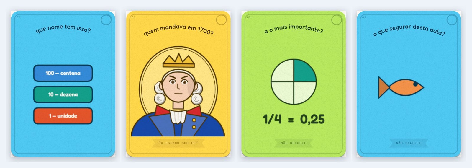 Quatro cartas de flashcards de lições reais: o valor posicional, "quem mandava em 1700?" com Luís XIV, a fração 1/4 = 0,25 e "o que segurar desta aula?".