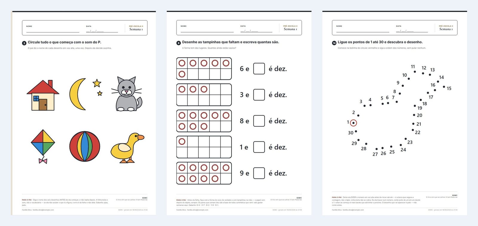Três folhas da mesma semana: circular o que começa com o som do P, desenhar as tampinhas que faltam para fazer dez e ligar os pontos de 1 a 30, cada uma com o "Para o pai" no rodapé.
