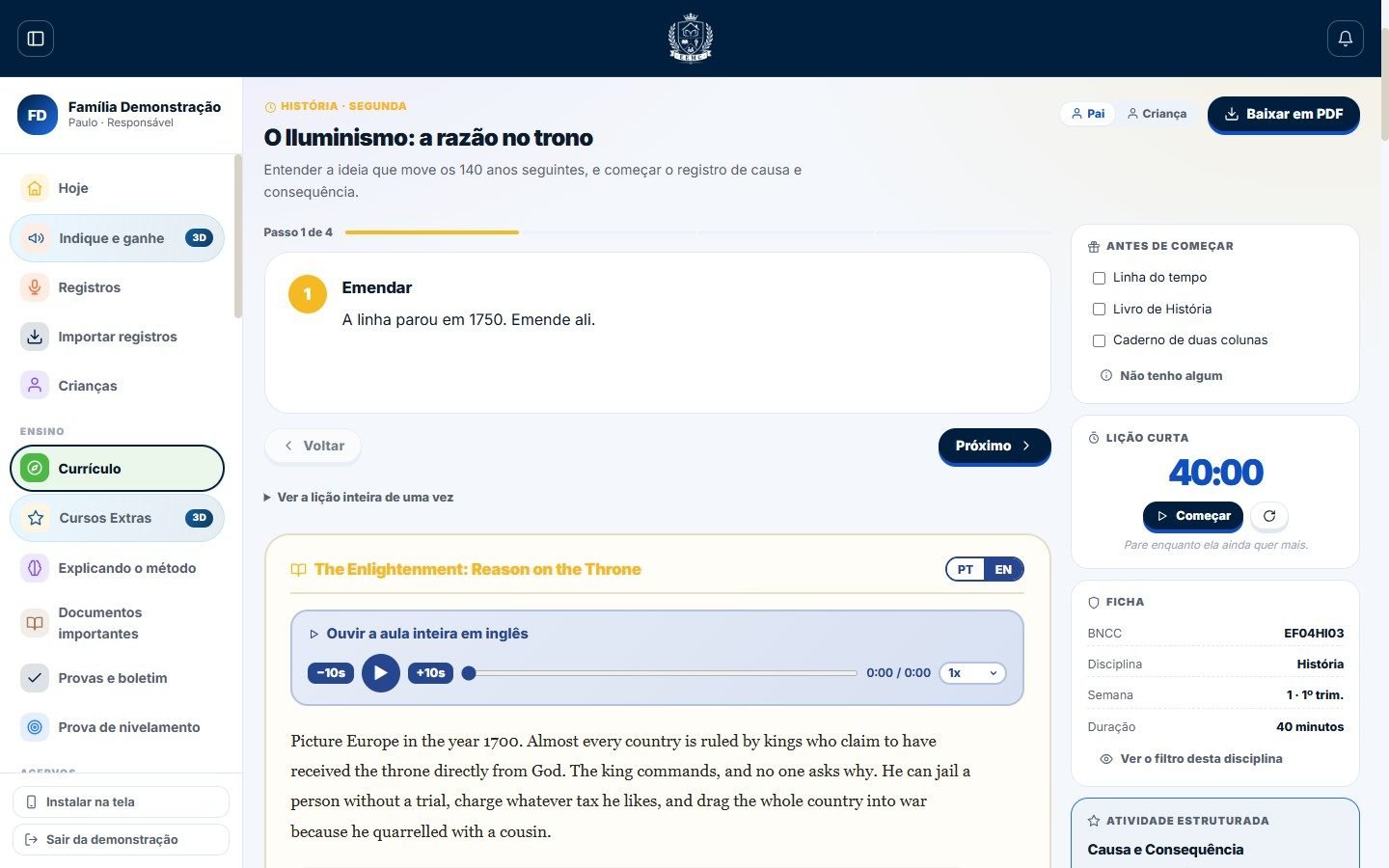 Uma lição de História aberta, "O Iluminismo: a razão no trono": o passo a passo, a "Lição curta" com cronômetro de 40 minutos, a ficha com o código da BNCC (EF04HI03) e o texto em inglês, "The Enlightenment: Reason on the Throne", com o seletor PT e EN e o player "Ouvir a aula inteira em inglês".