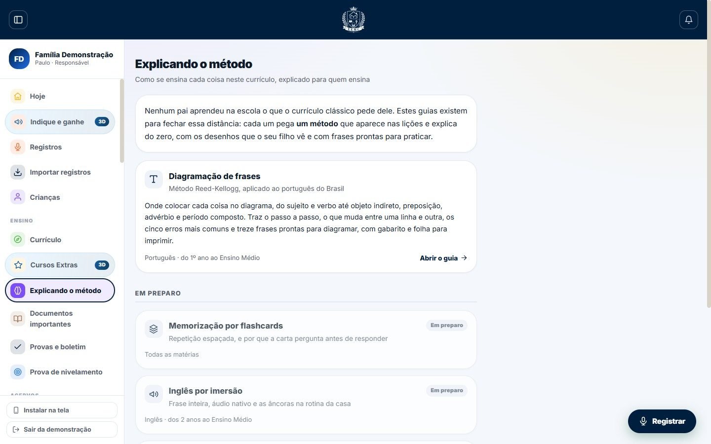 A tela "Explicando o método": a prateleira de guias para quem ensina, como a Diagramação de frases.