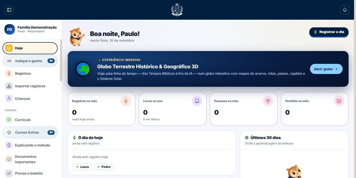O painel da família na tela Hoje: o botão "Registrar o dia" e o cartão do Globo Terrestre Histórico e Geográfico 3D, que abre a história e a geografia do mundo numa esfera que a criança gira.