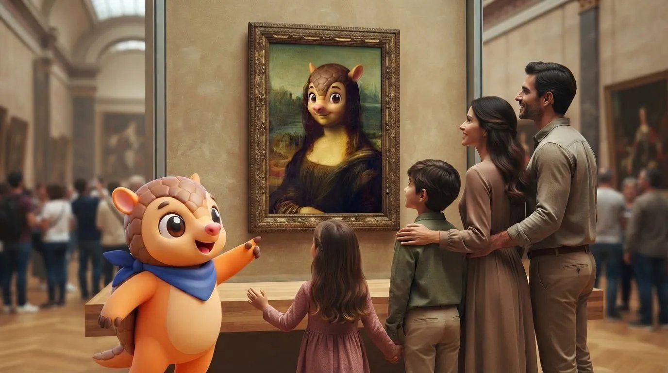 Uma família no Louvre com o Tito, diante de uma Mona Lisa que é a versão menina do Tito