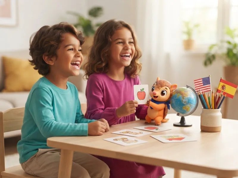 Dois irmãos aprendendo inglês com cartões e o Tito