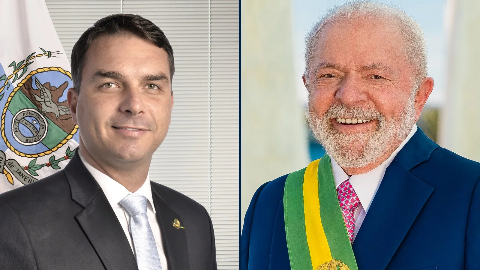 Montagem com as fotos oficiais de Flávio Bolsonaro, à esquerda, e de Luiz Inácio Lula da Silva, à direita