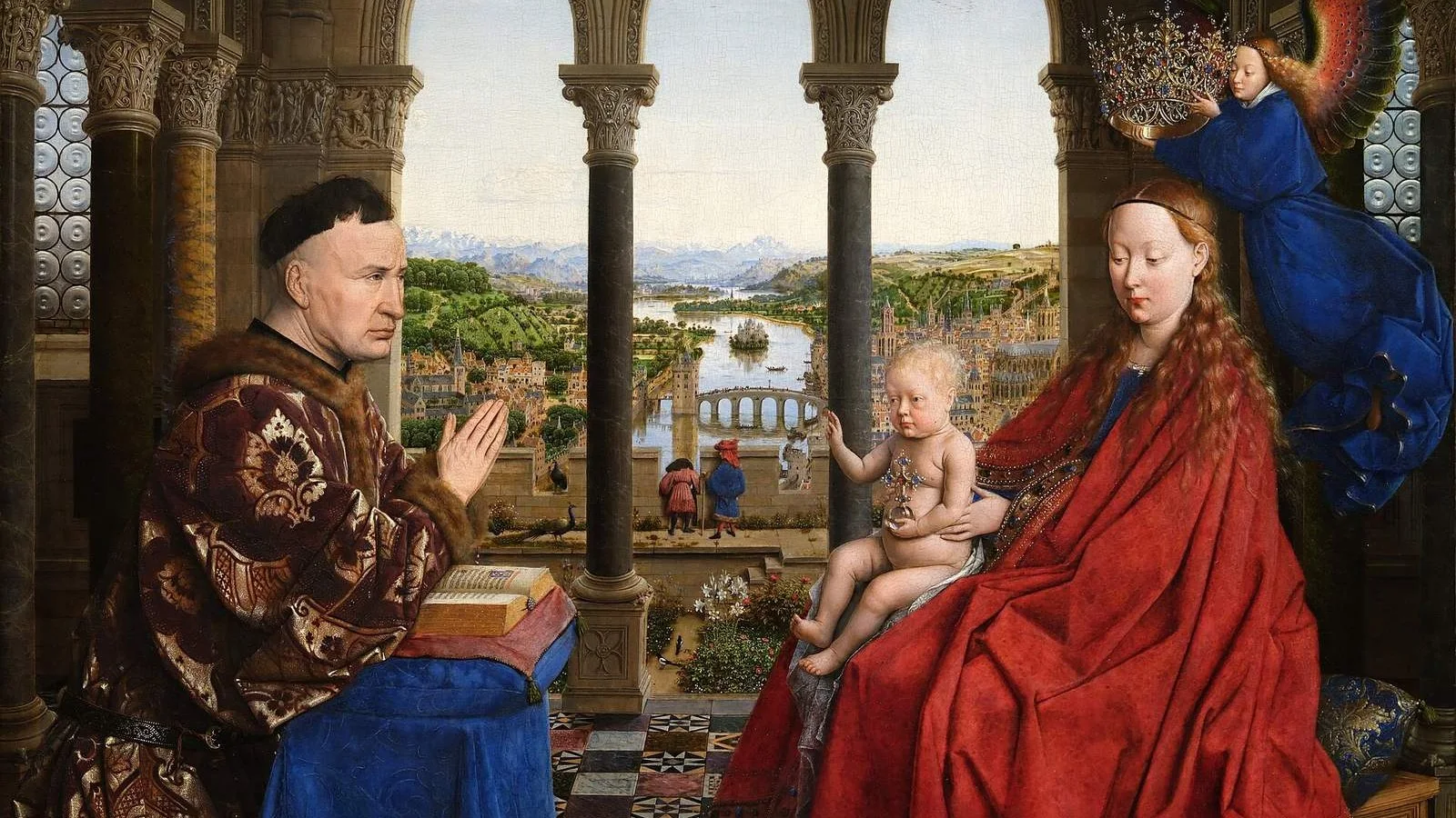 Pintura de Jan van Eyck: o chanceler Nicolas Rolin, de mãos postas diante de um livro manuscrito iluminado aberto, ajoelhado diante da Virgem com o Menino, sob arcos que dão para uma cidade e um rio