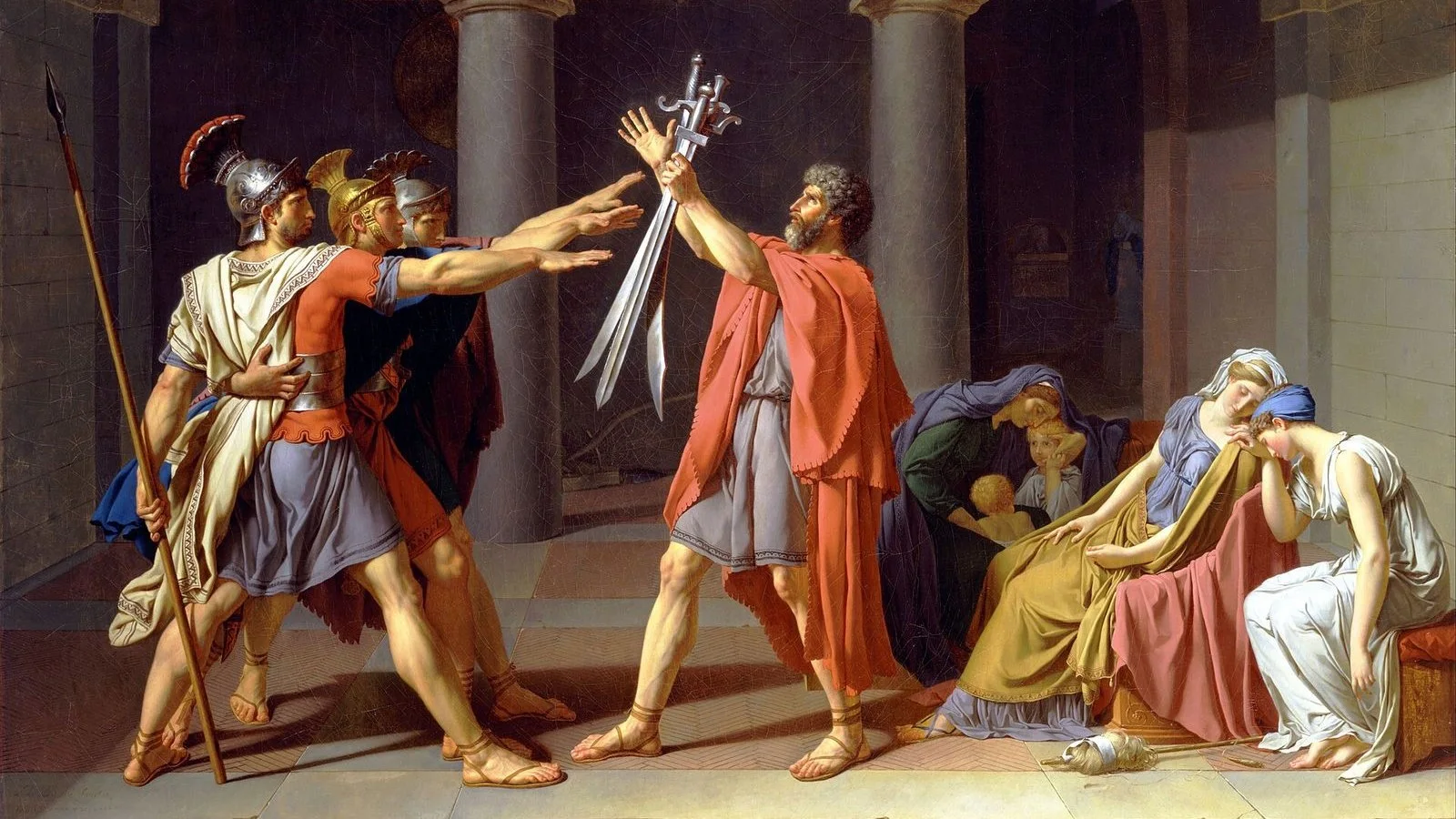 O Juramento dos Horácios: três irmãos romanos de capacete estendem o braço para as três espadas que o pai ergue, enquanto à direita as mulheres da família choram abraçadas