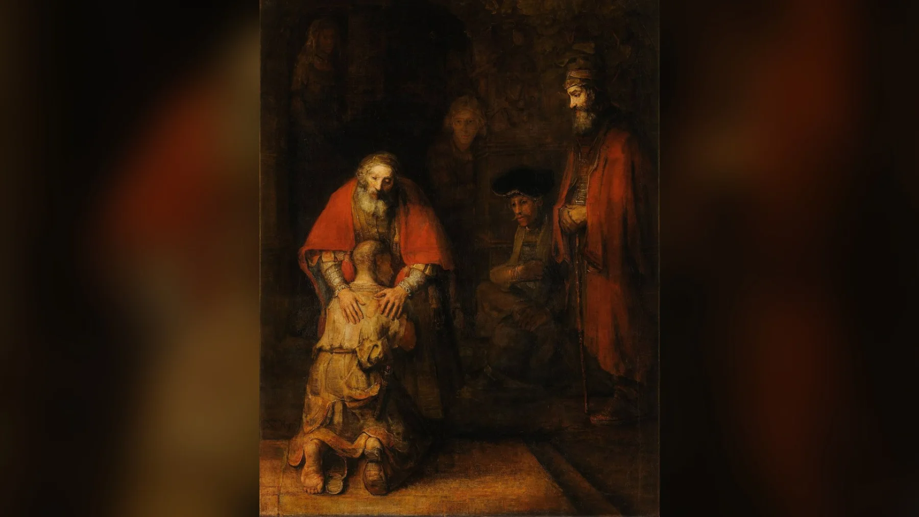 O Retorno do Filho Pródigo, de Rembrandt: o pai, de manto vermelho, pousa as duas mãos nas costas do filho ajoelhado