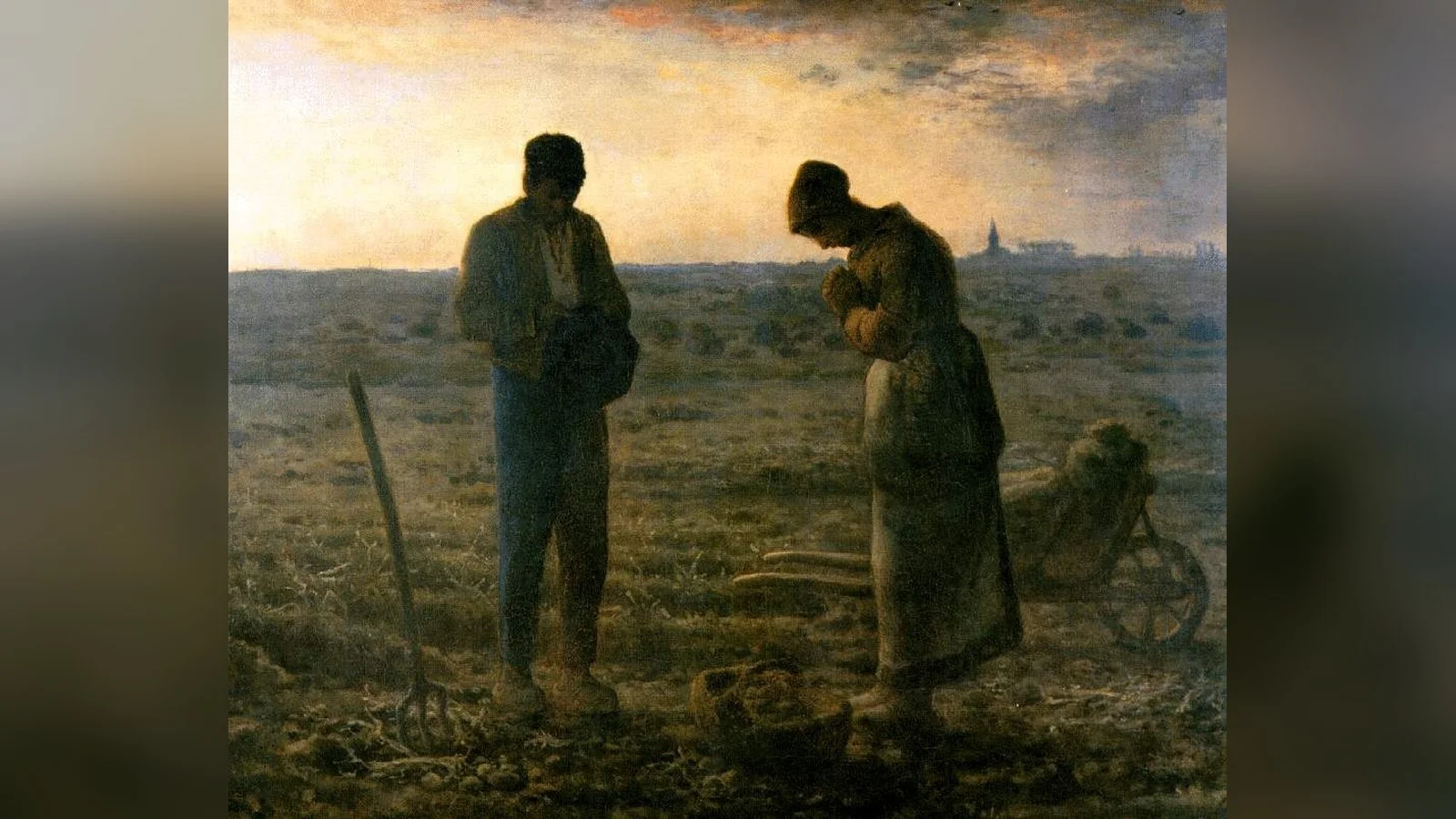O Ângelus, de Millet: um casal de camponeses para o trabalho no campo e reza de cabeça baixa ao toque do sino da tarde, com a torre da igreja no horizonte